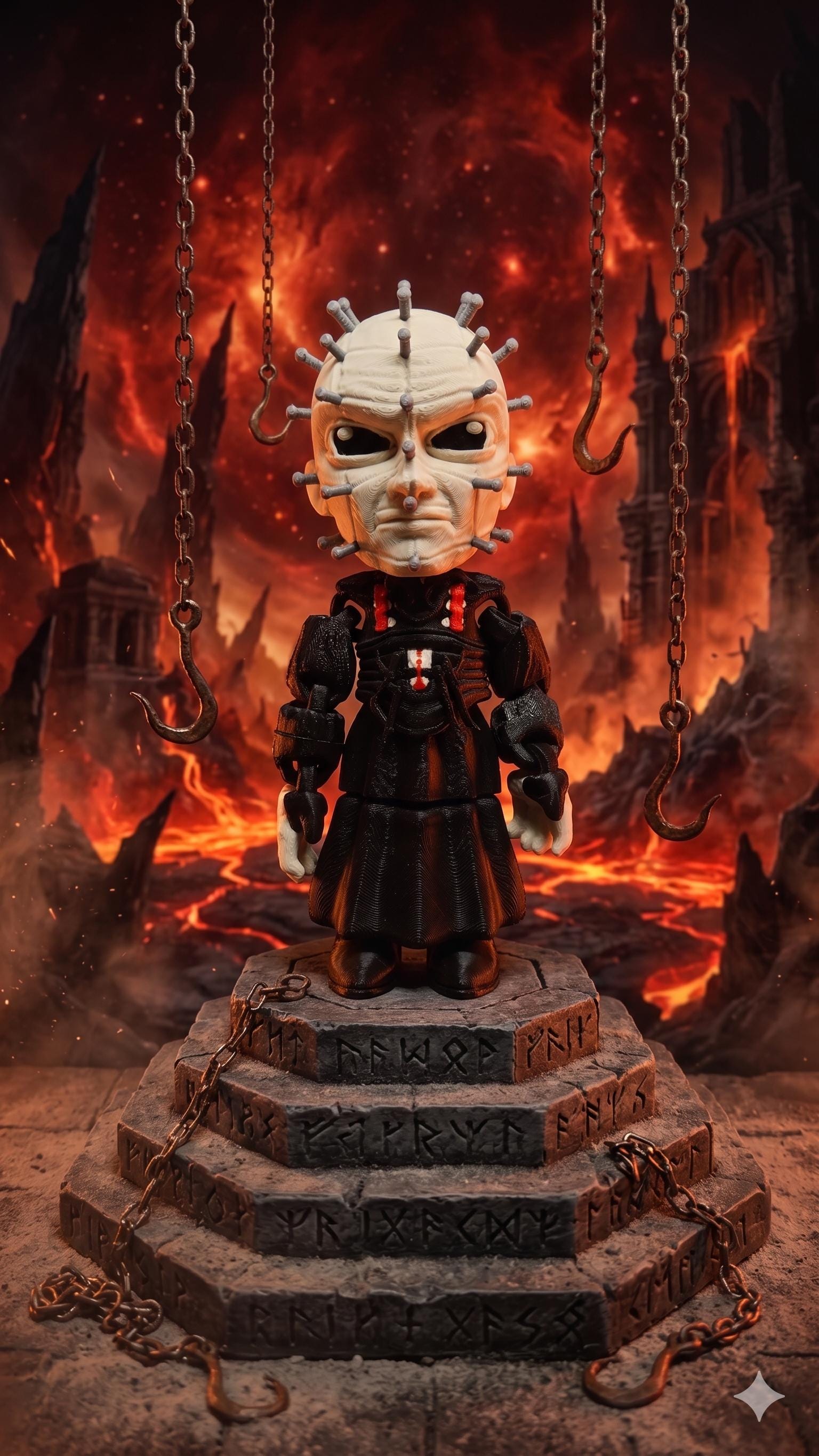 Full-color 3D printed Pinhead flexi figure from Hellraiser standing upright in a cinematic, fiery hellscape diorama background