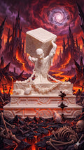 Stylized view of the unpainted Hellraiser puzzle box summoning diorama standing in a cinematic lava and hellscape background