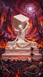 Stylized view of the unpainted Hellraiser puzzle box summoning diorama standing in a cinematic lava and hellscape background