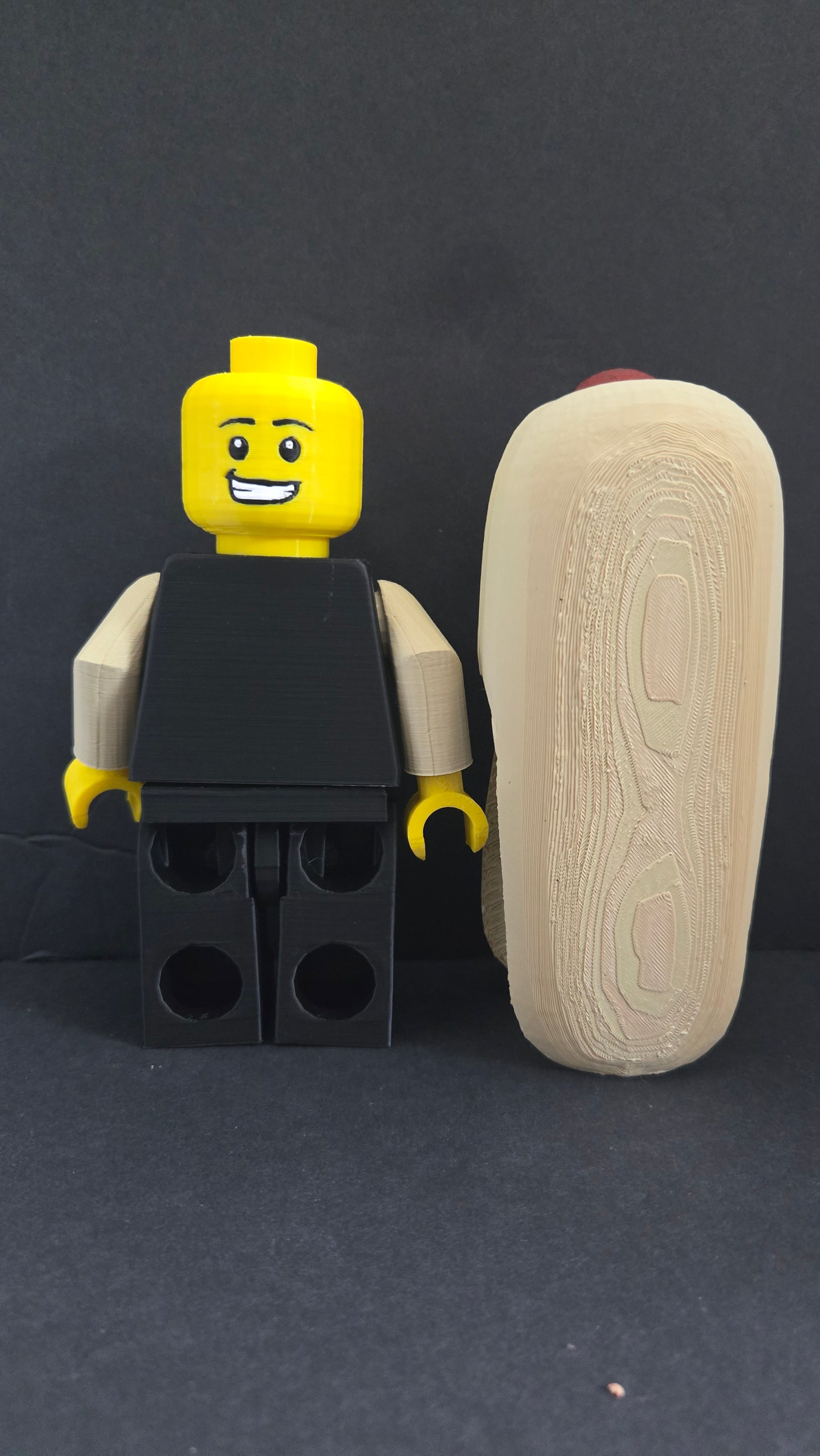 Rear view of the oversized Hot Dog Guy brick megafig showing the back of the hot dog bun costume