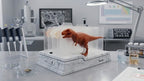 3D printed T-Rex anatomy diorama featuring translucent biological slides stacked in a grey lab dock with a brown dinosaur emerging from the front