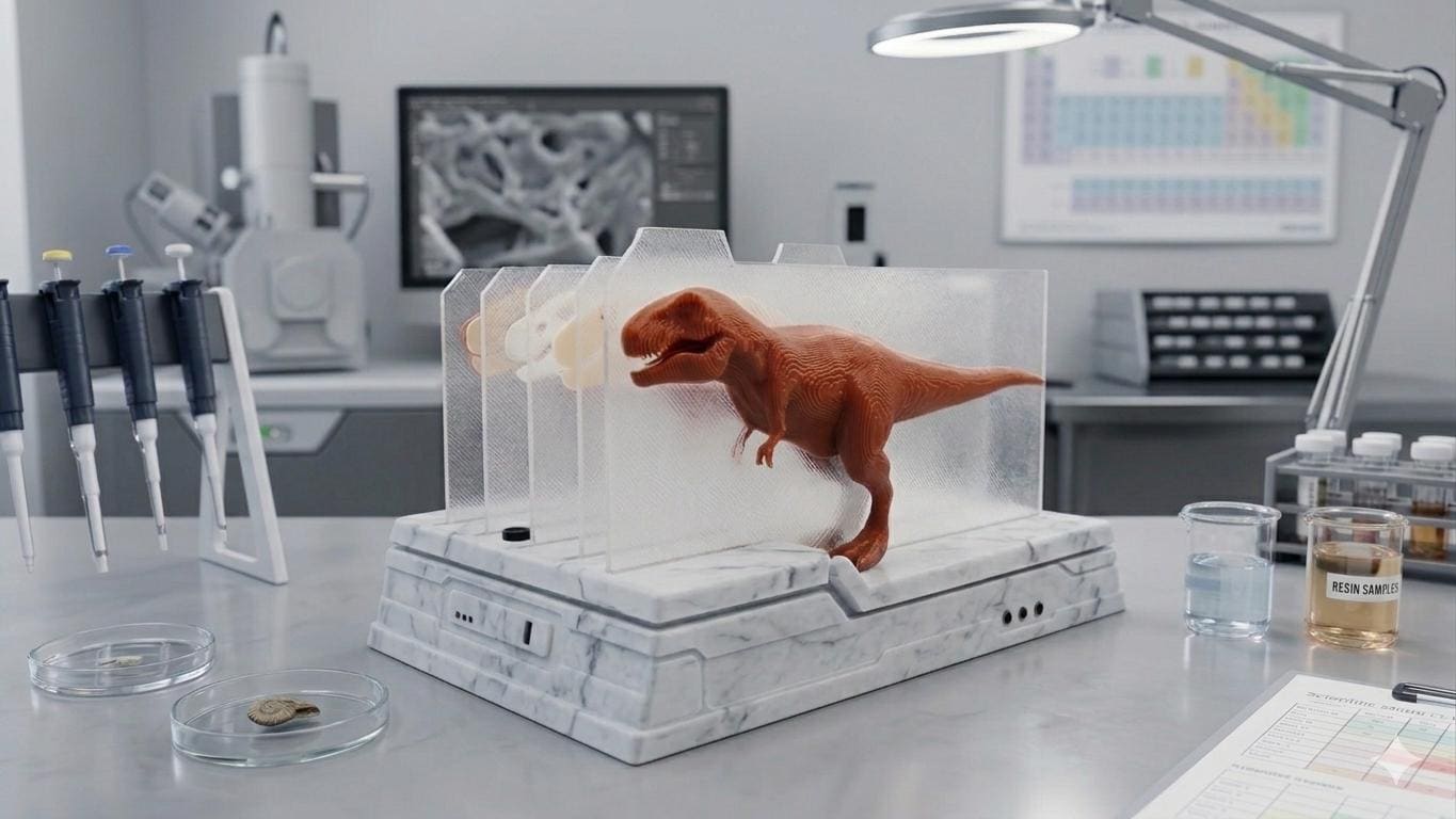 3D printed T-Rex anatomy diorama featuring translucent biological slides stacked in a grey lab dock with a brown dinosaur emerging from the front