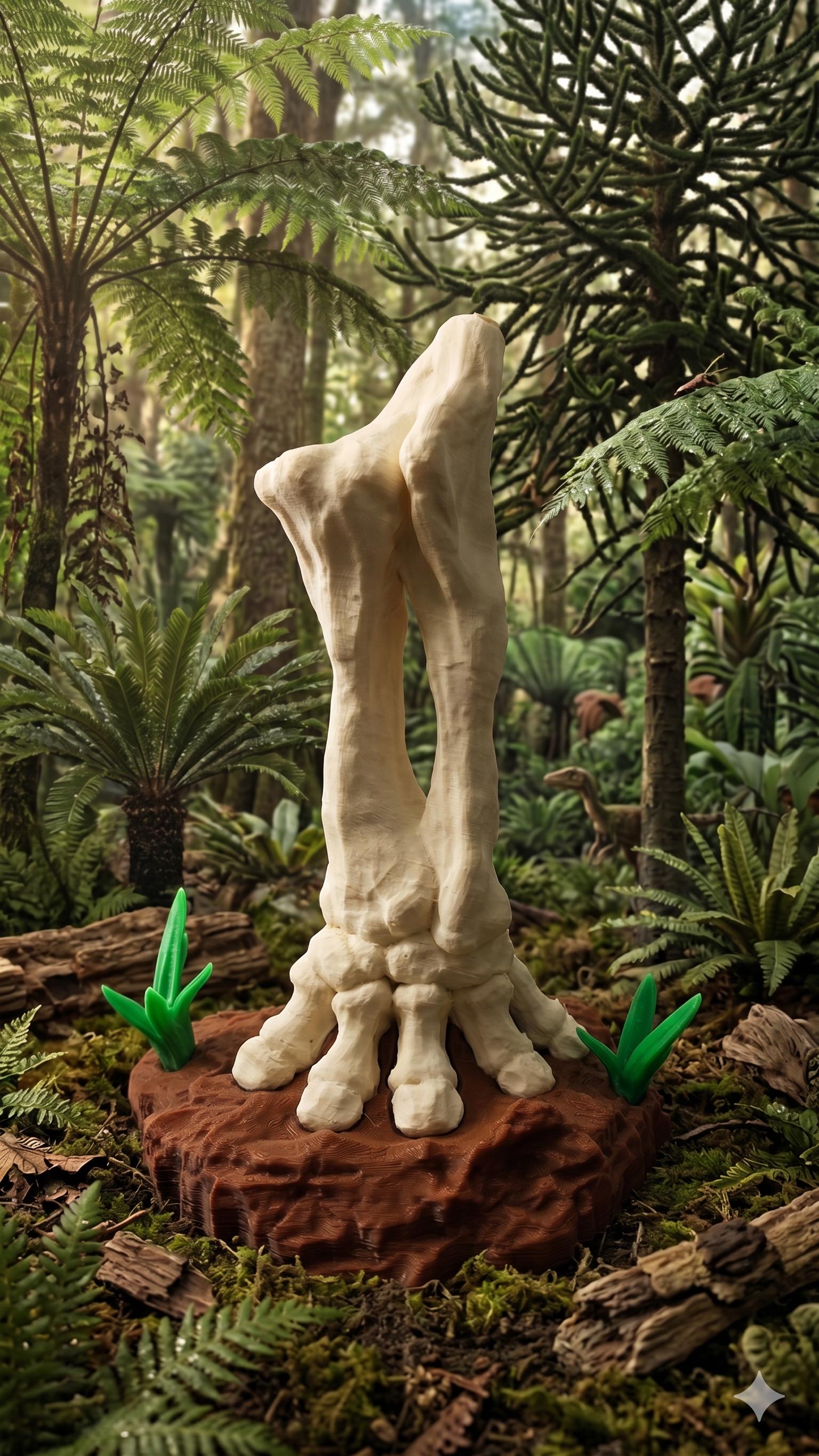 3D printed Stegosaurus bone dinosaur foot display diorama sitting upright on its museum-style base as a main product view