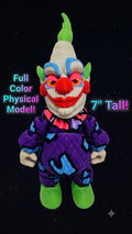 Full-color 3D printed 7-inch tall Jumbo flexi figure standing on a glowing platform against a starry space background