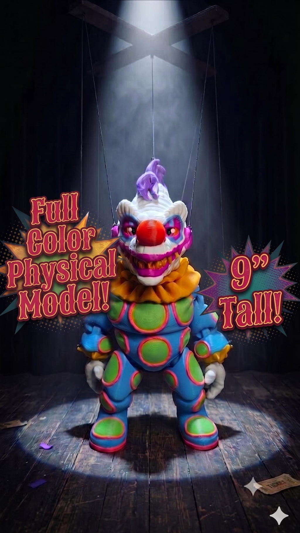 Full-color 3D printed 9-inch tall Klownzilla flexi figure standing on a spotlighted stage
