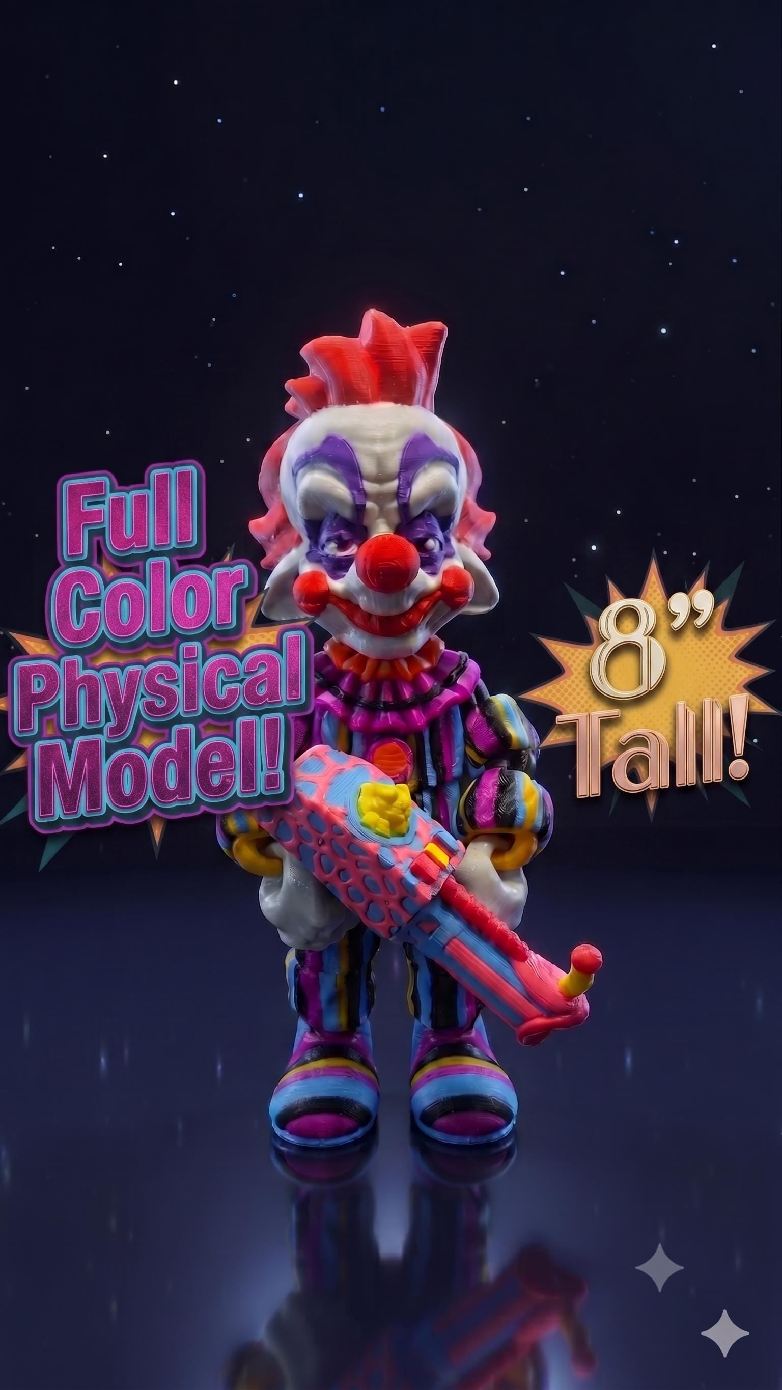 Full-color 3D printed 8-inch tall Rudy flexi figure holding his signature popcorn gun against a starry space background