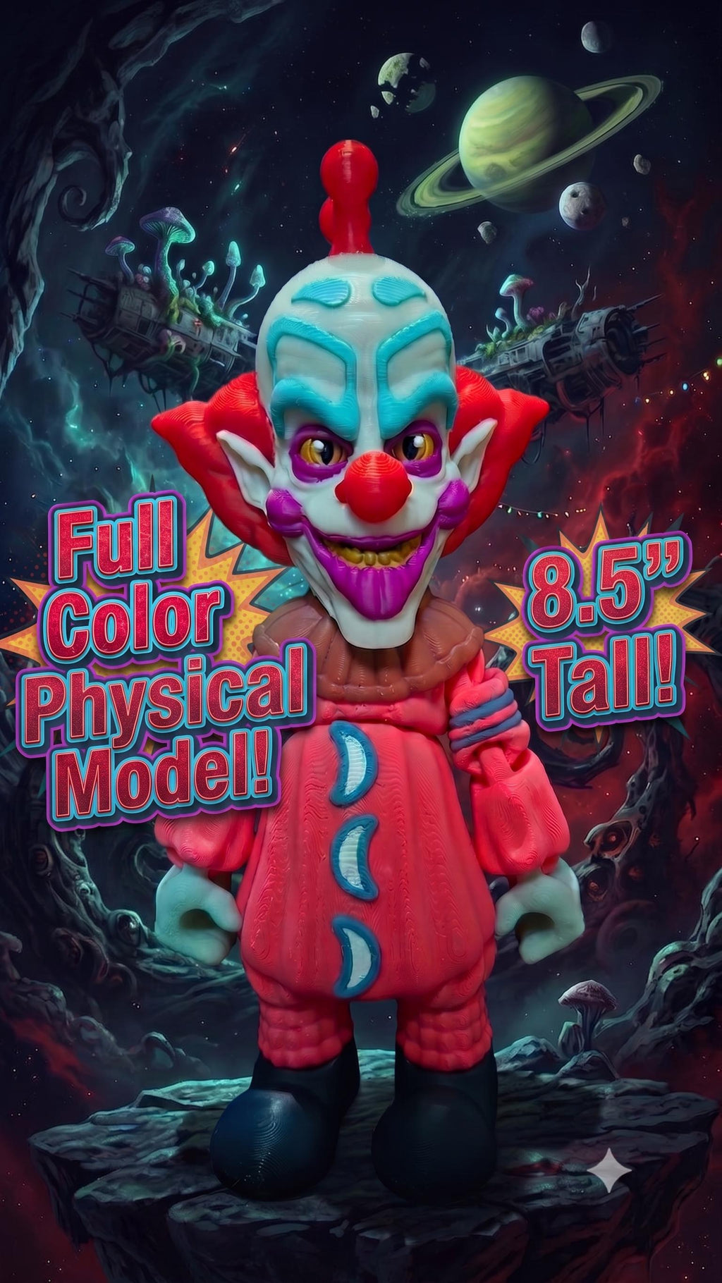 Full-color 3D printed 8.5-inch tall Slim flexi figure standing on a glowing platform against a starry space background