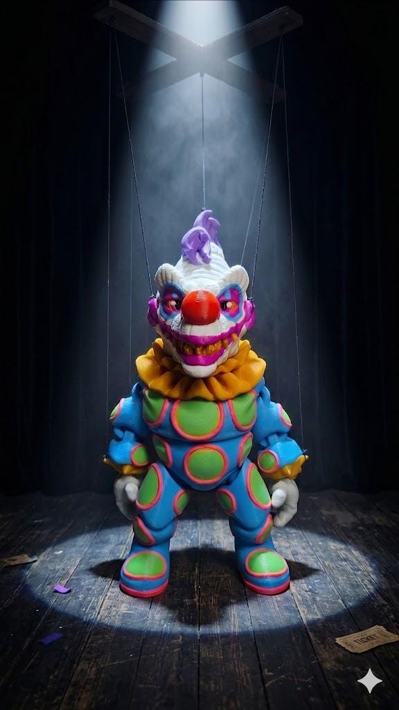 Full-color 3D printed Klownzilla flexi figure standing in a stylized stage spotlight display