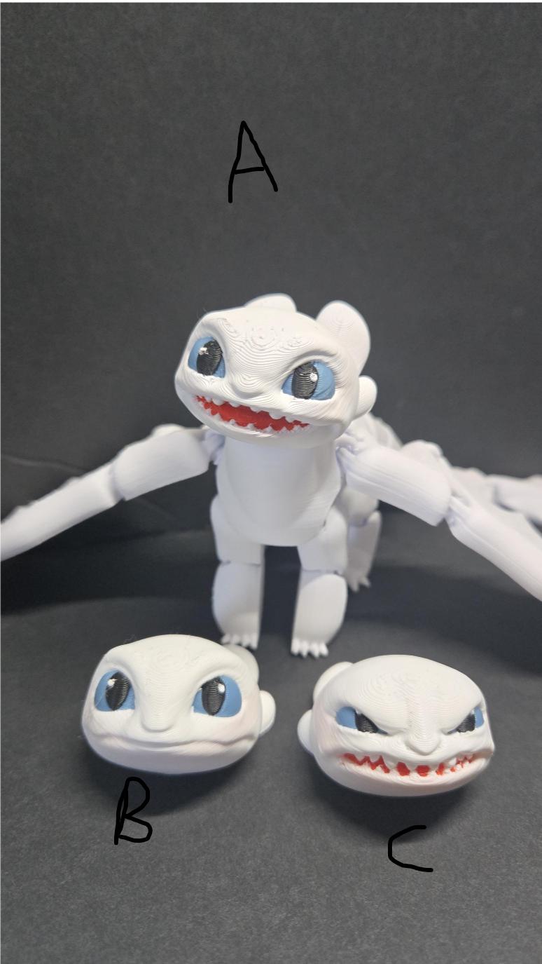 Three swappable head variants for the Light Fury dragon figure, labeled A, B, and C