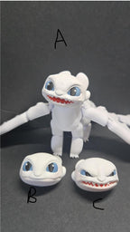 Three swappable head variants for the Light Fury dragon figure, labeled A, B, and C