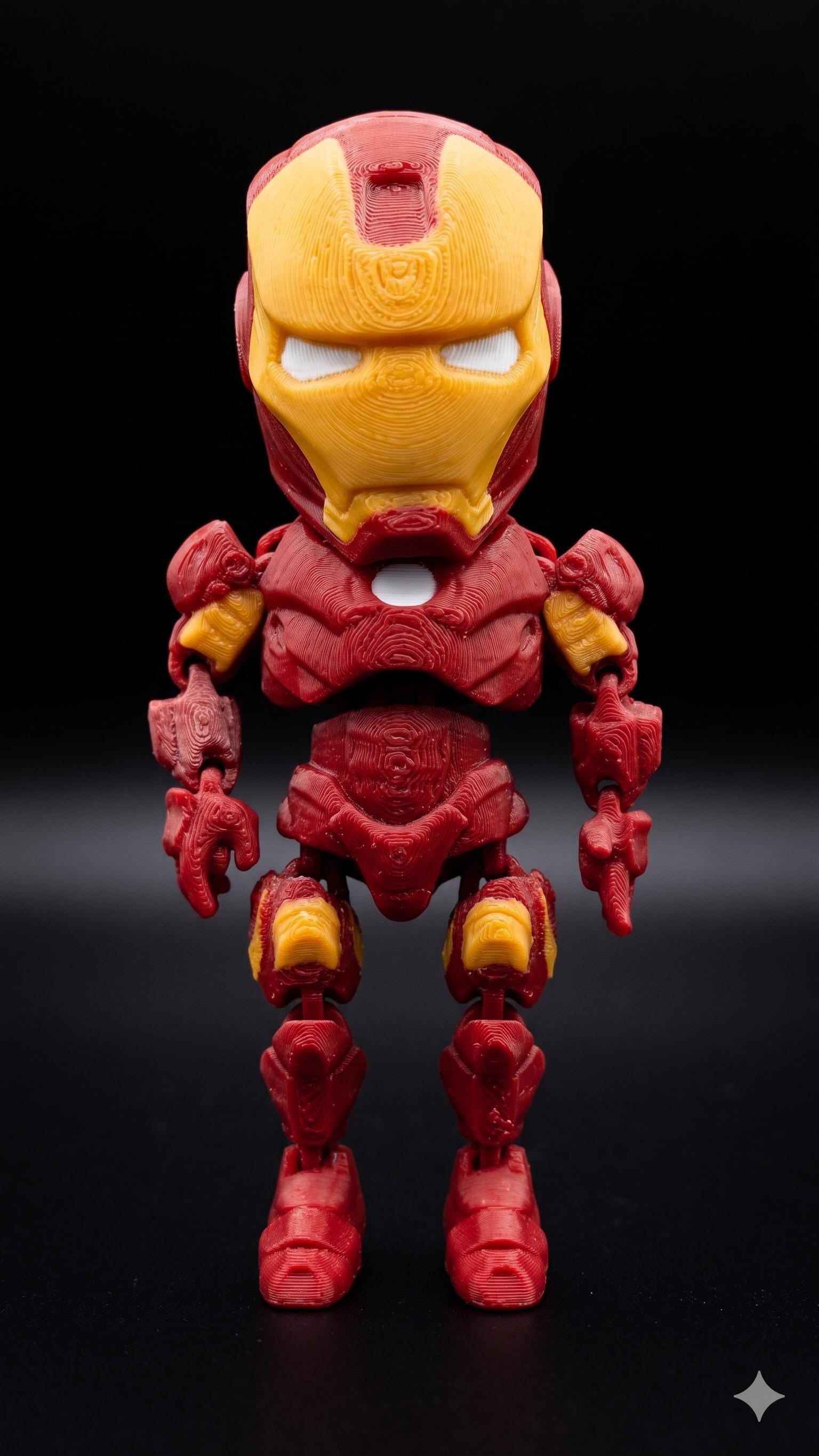 Full-color 3D printed Marvel Avengers Iron Man flexi figure standing upright on a flat surface as the main product view
