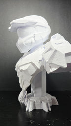 Three-quarter left profile view of the 3D printed Spartan-117 statue highlighting the sleek neck joints and heavy collar plating