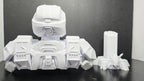 The 3D printed Master Chief bust disassembled into its three interlocking parts showing the armored torso, helmet, and detailed pedestal stand