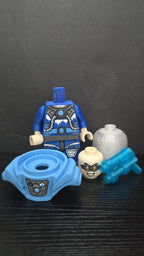 Mr. Freeze brick megafig shown broken down into torso, shoulder armor, head, helmet, and freeze gun parts