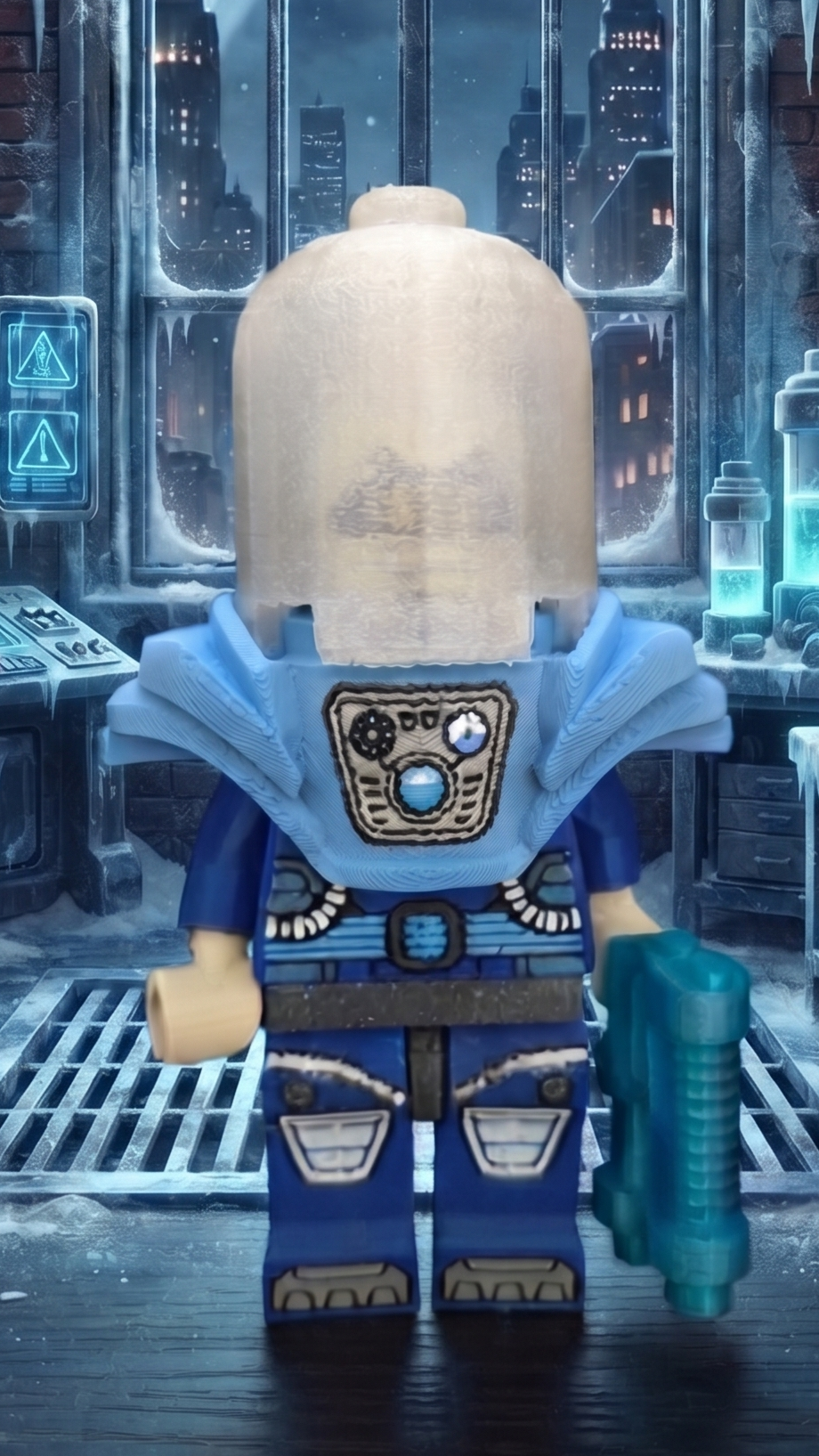Mr. Freeze brick megafig fully suited up in front of a cold laboratory background