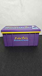 Front view of the closed Nuka-Cola Quantum stash box showcasing the vibrant branding and purple color scheme