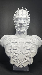 Straight front view of the unpainted white 3D printed Pinhead bust on a black background showing clean grid lines and robe details