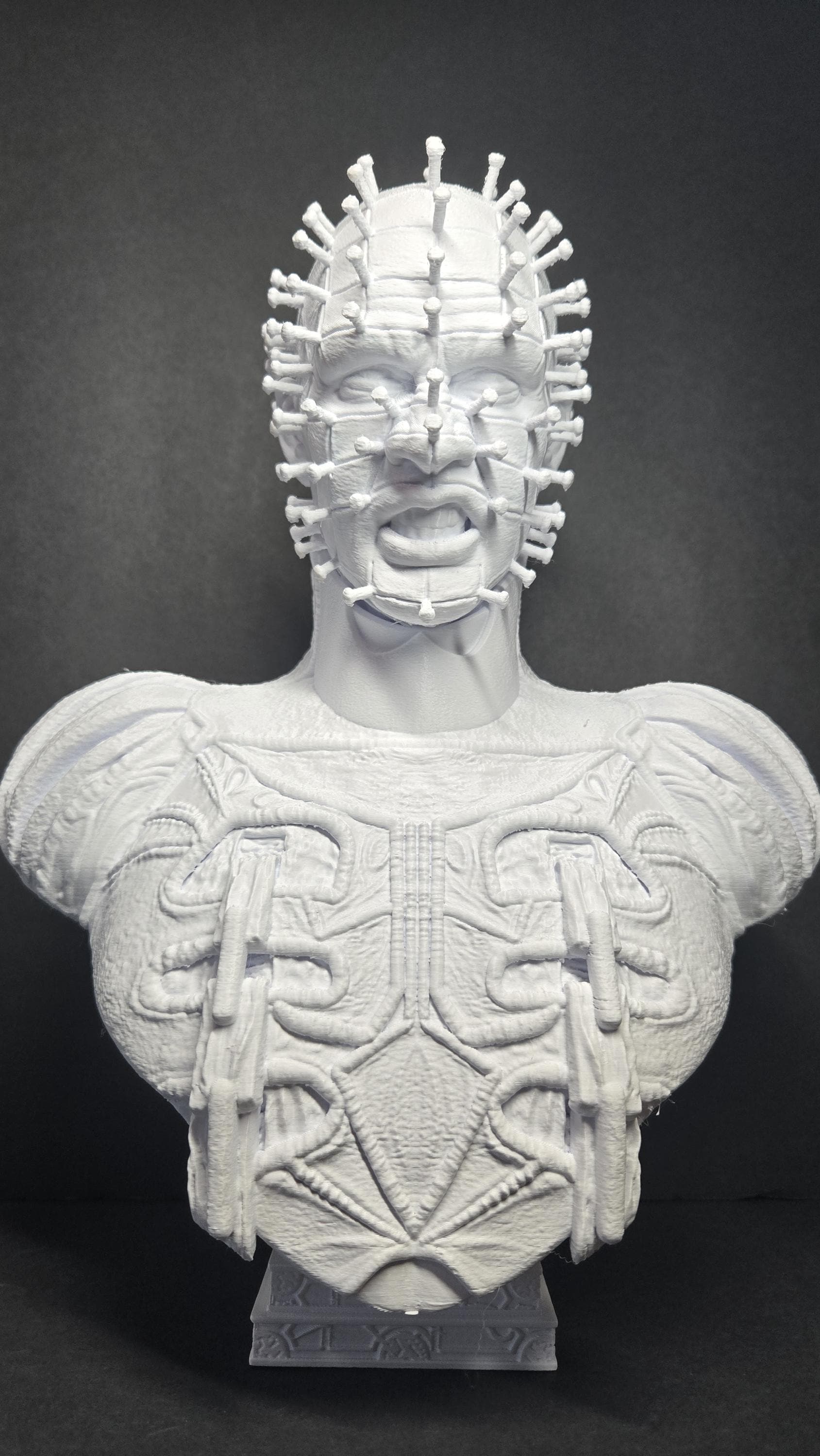 Straight front view of the unpainted white 3D printed Pinhead bust on a black background showing clean grid lines and robe details