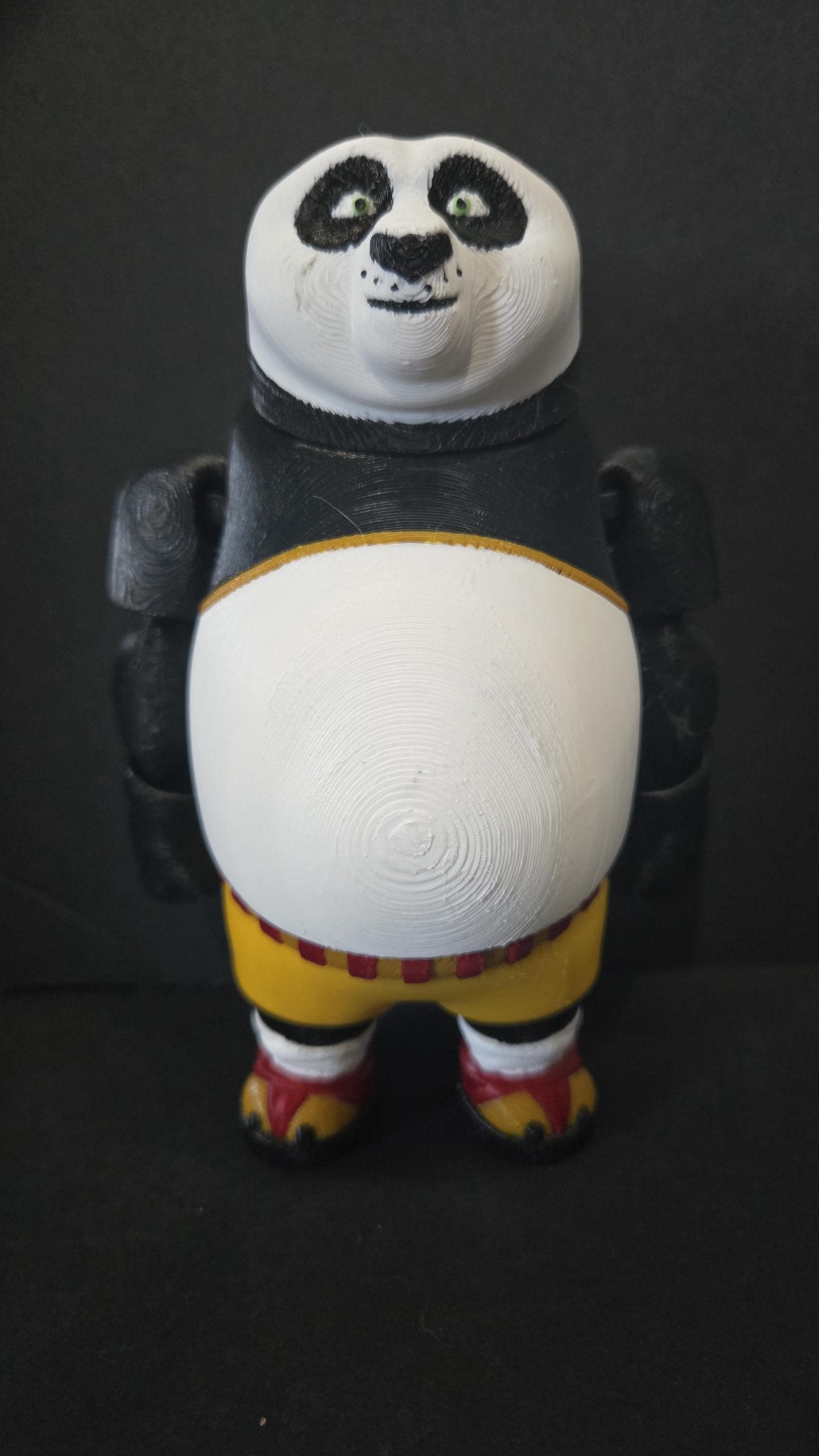 Straight front facing view focusing on the detailed panda face, bright eyes, and martial arts shorts of the flexible Po figure