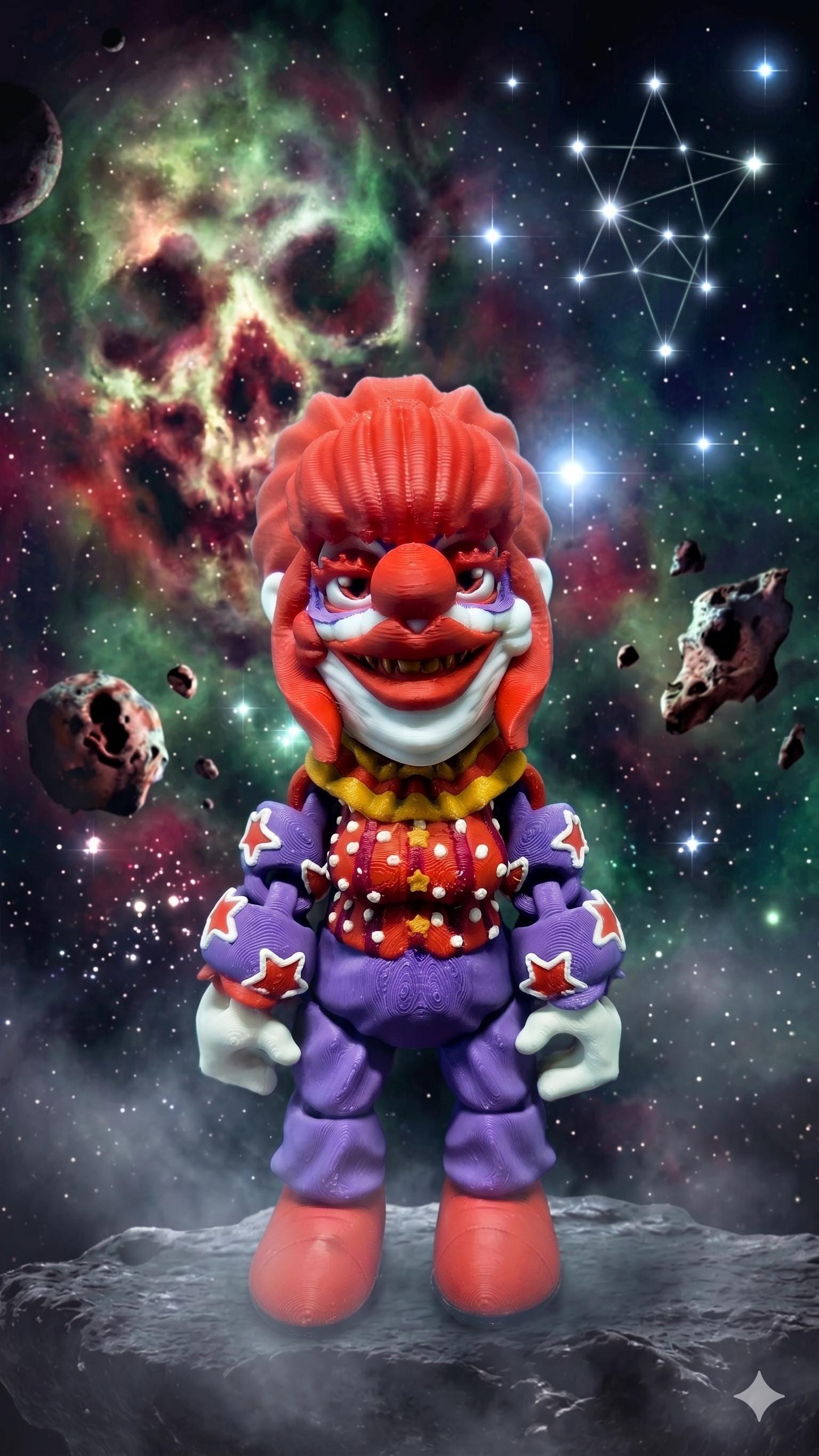 Full-color 3D printed Rosebud flexi figure standing in a stylized space-themed diorama background with cosmic skull detail