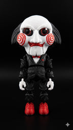 Full-color 3D printed Billy the Puppet flexi figure from Saw standing upright on a flat surface showing a complete front view