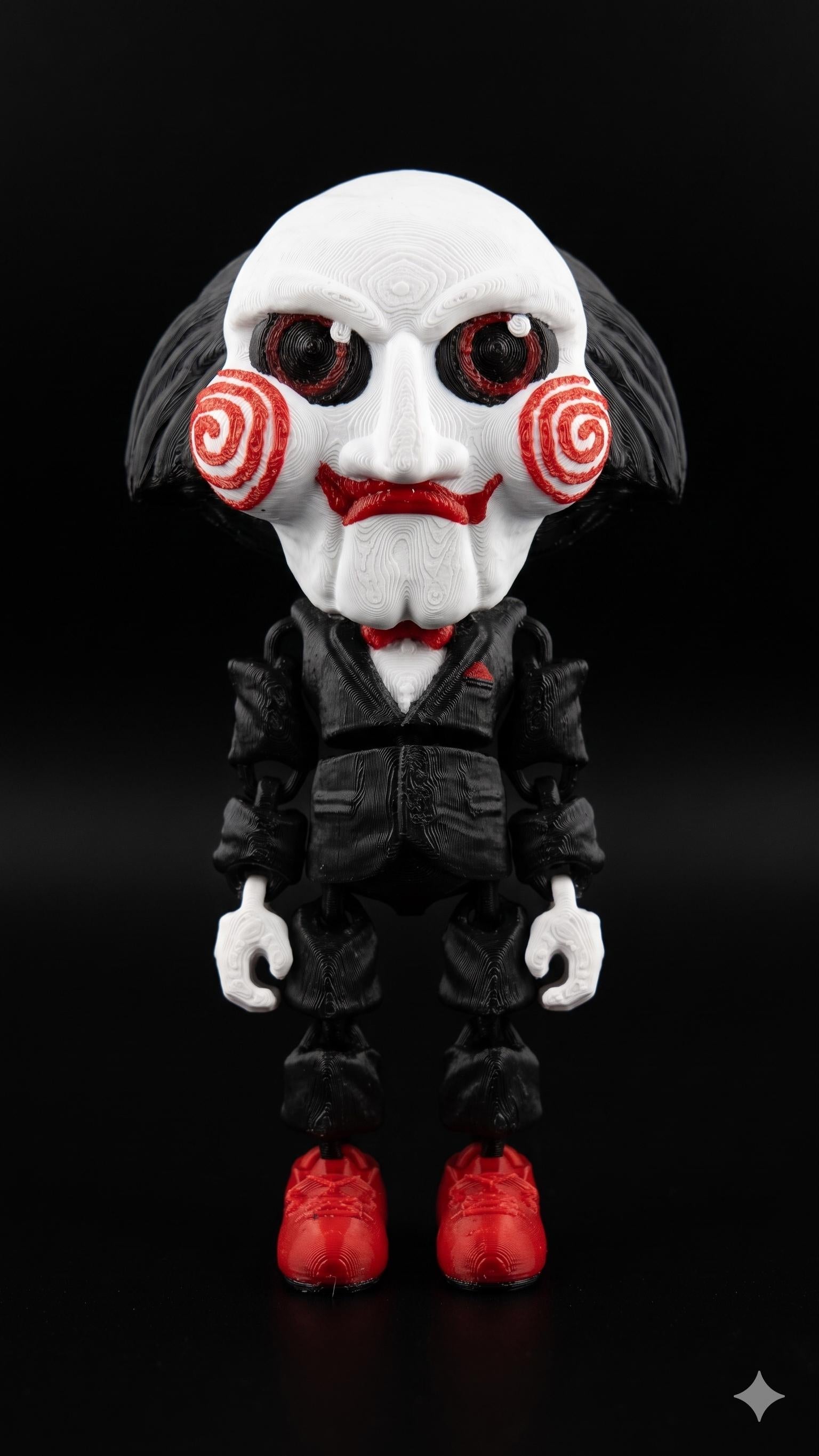 Full-color 3D printed Billy the Puppet flexi figure from Saw standing upright on a flat surface showing a complete front view