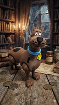 Full-color 3D printed Scooby-Doo flexi figure standing on a wooden surface in a haunted library-themed background