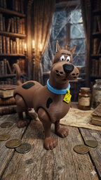 Full-color 3D printed Scooby-Doo flexi figure standing on a wooden surface in a haunted library-themed background
