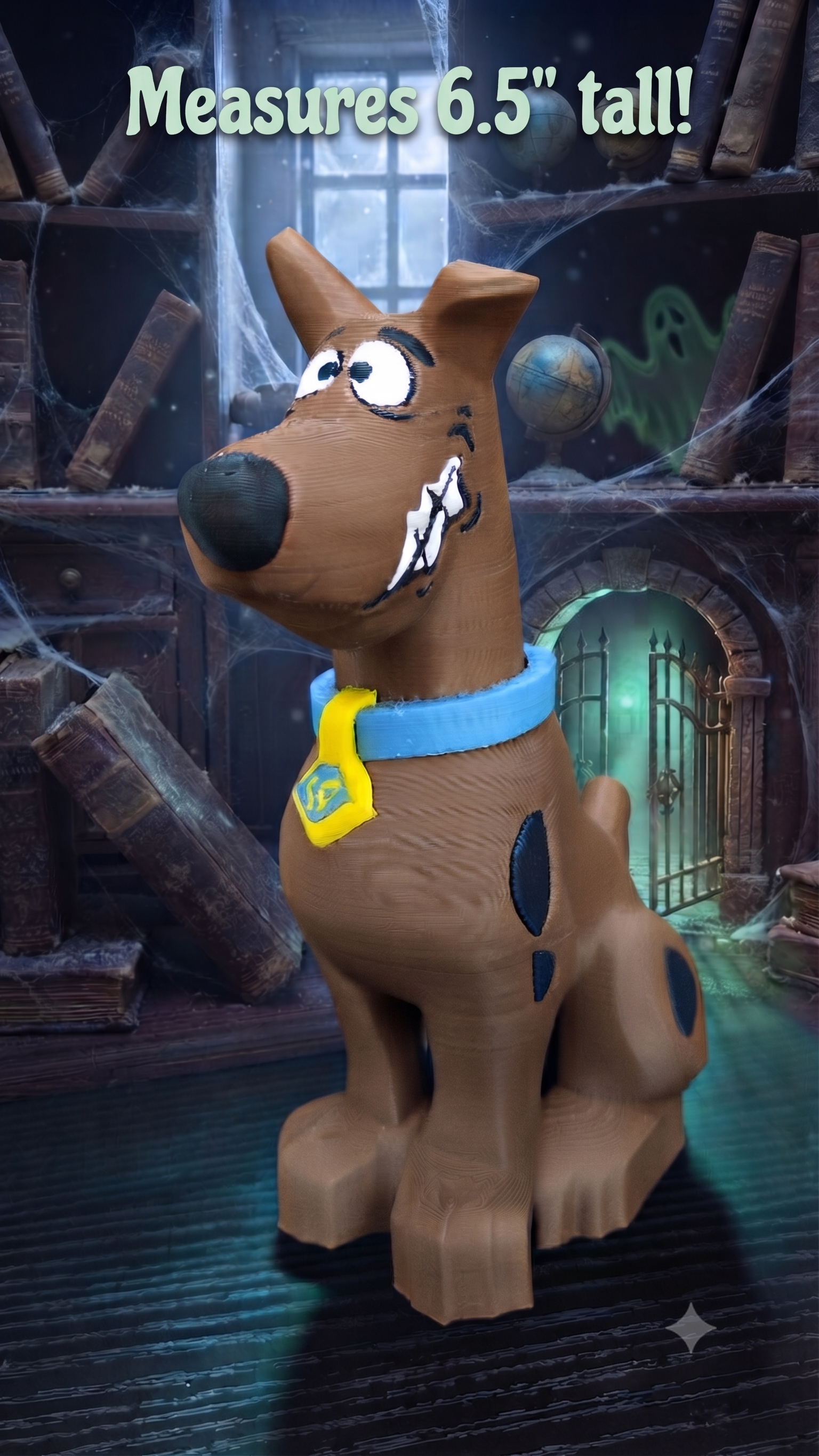 Oversized Scooby-Doo brick megafig standing in a spooky mystery hallway background with a 6.5 inches tall text overlay