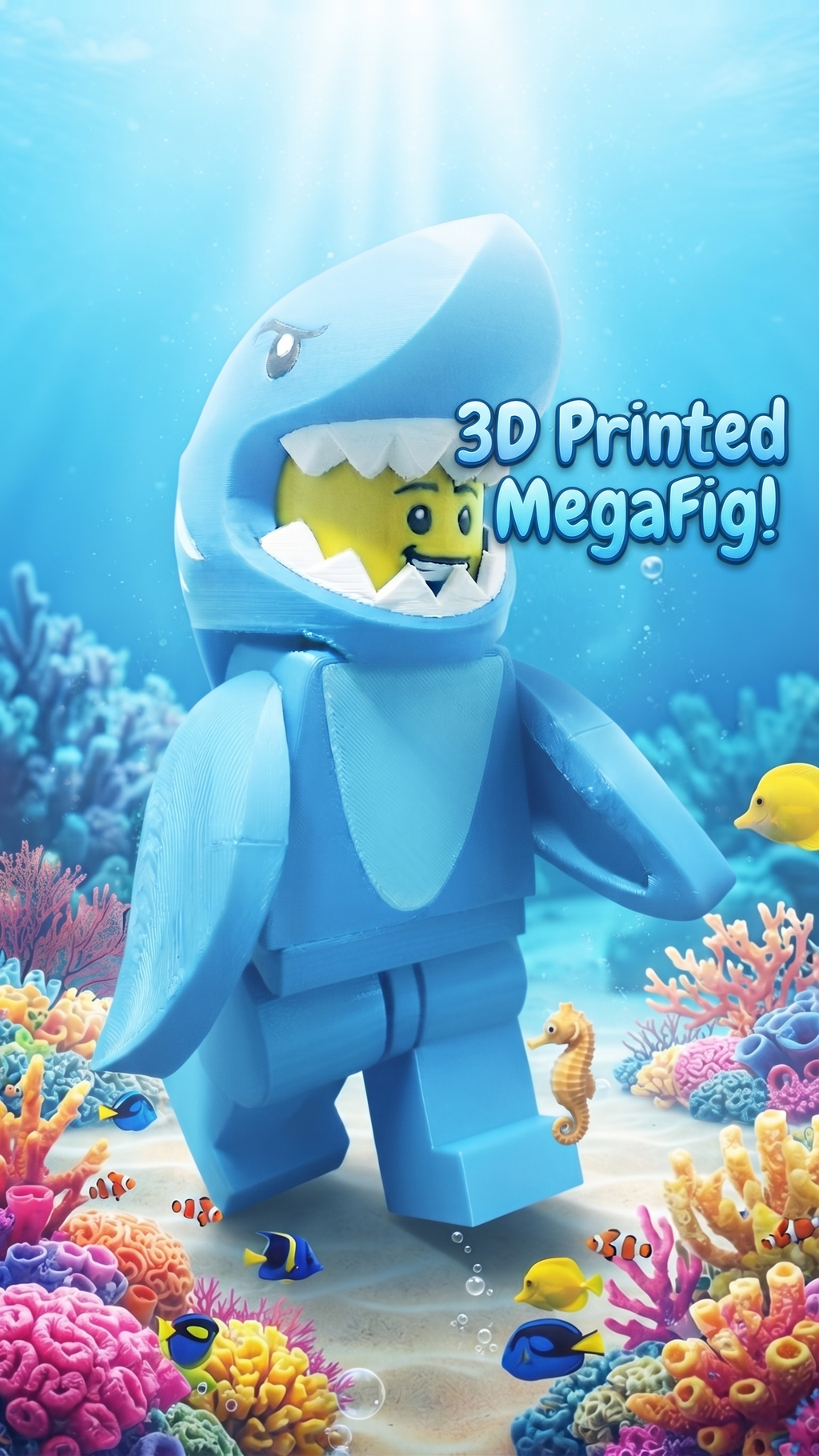 Oversized Shark Suit brick megafig standing against a vibrant underwater coral reef background