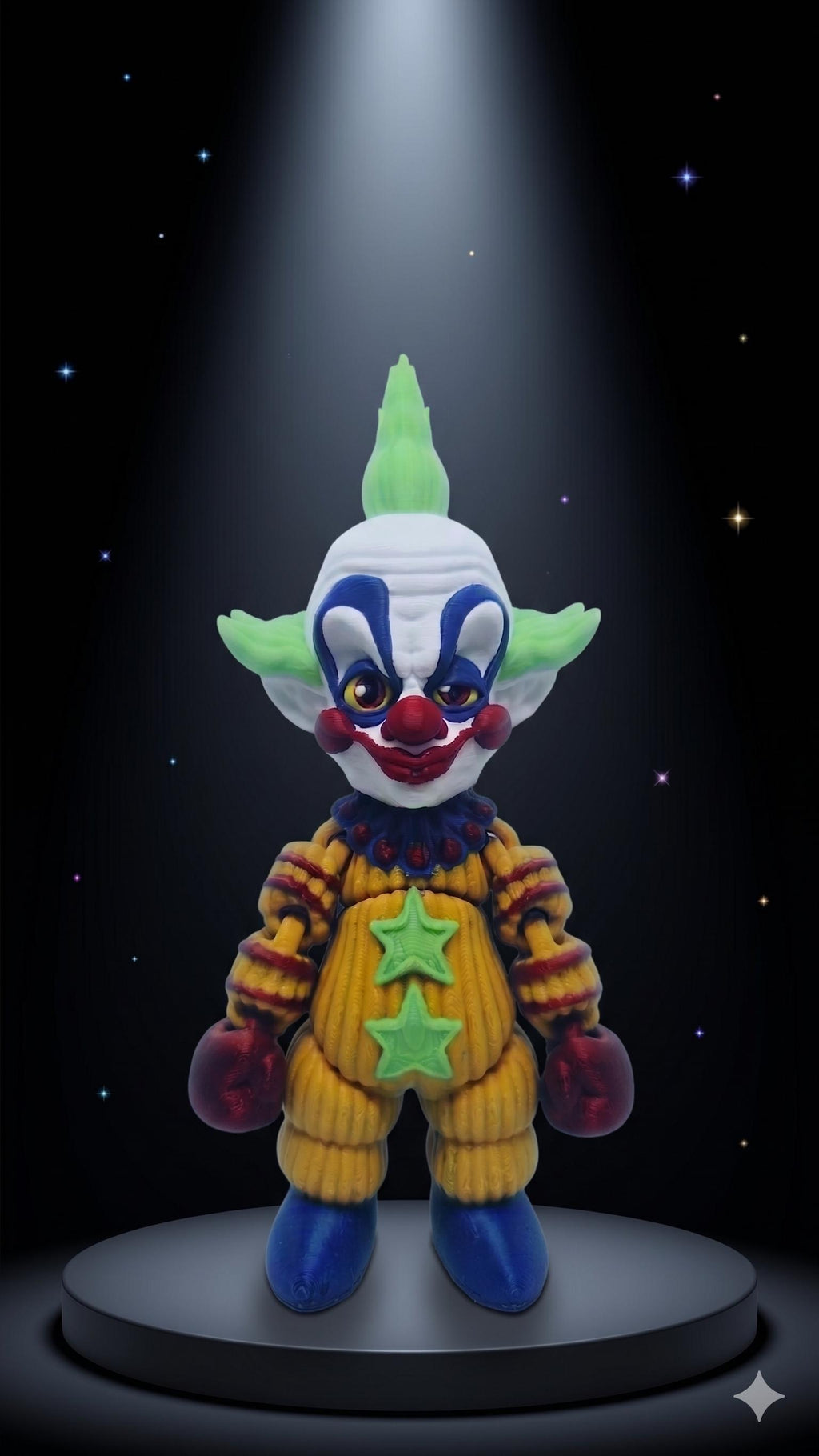 Full-color 3D printed Shorty flexi figure standing on a platform in a stylized space-themed diorama background