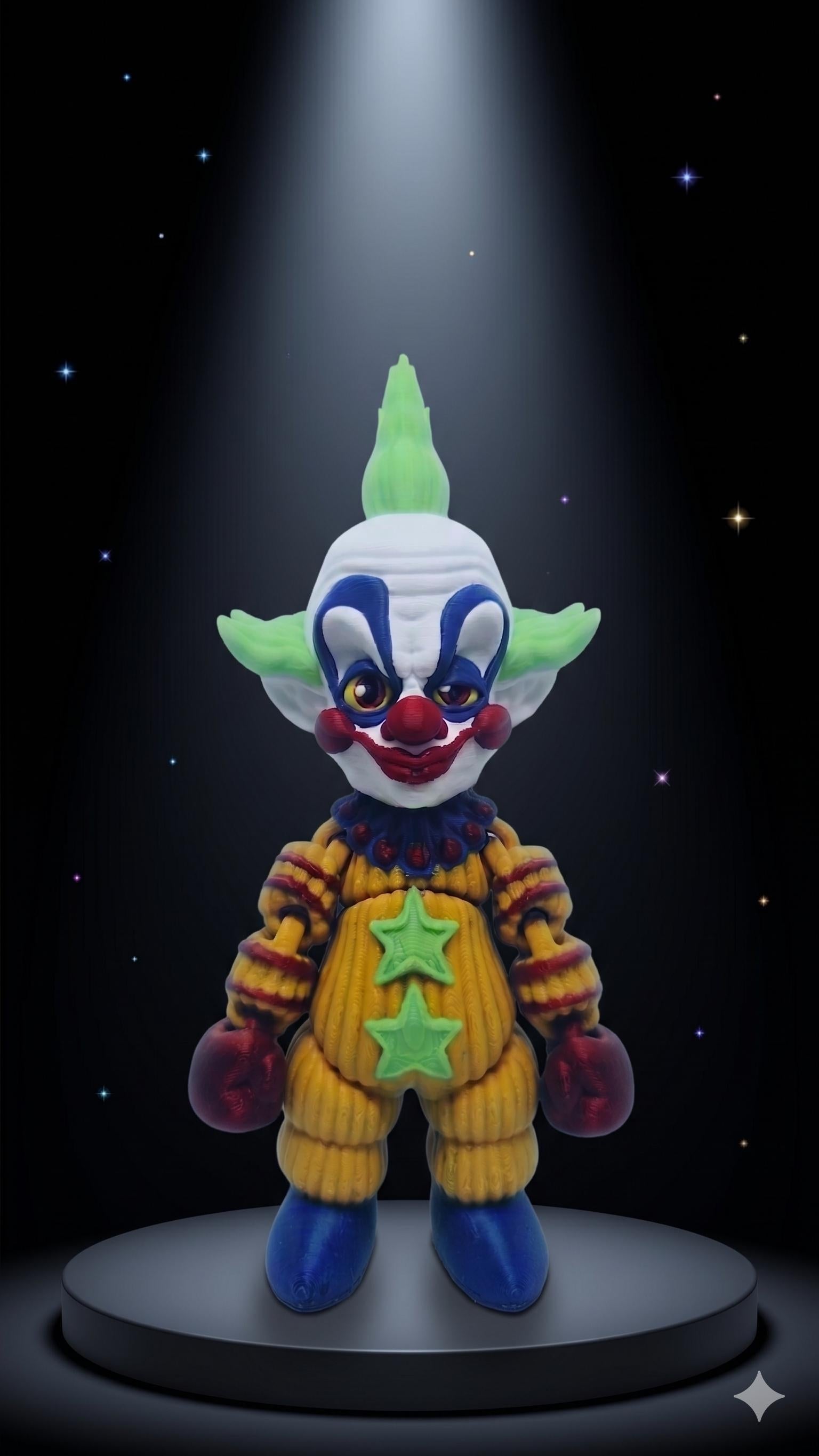Full-color 3D printed Shorty flexi figure standing on a platform in a stylized space-themed diorama background