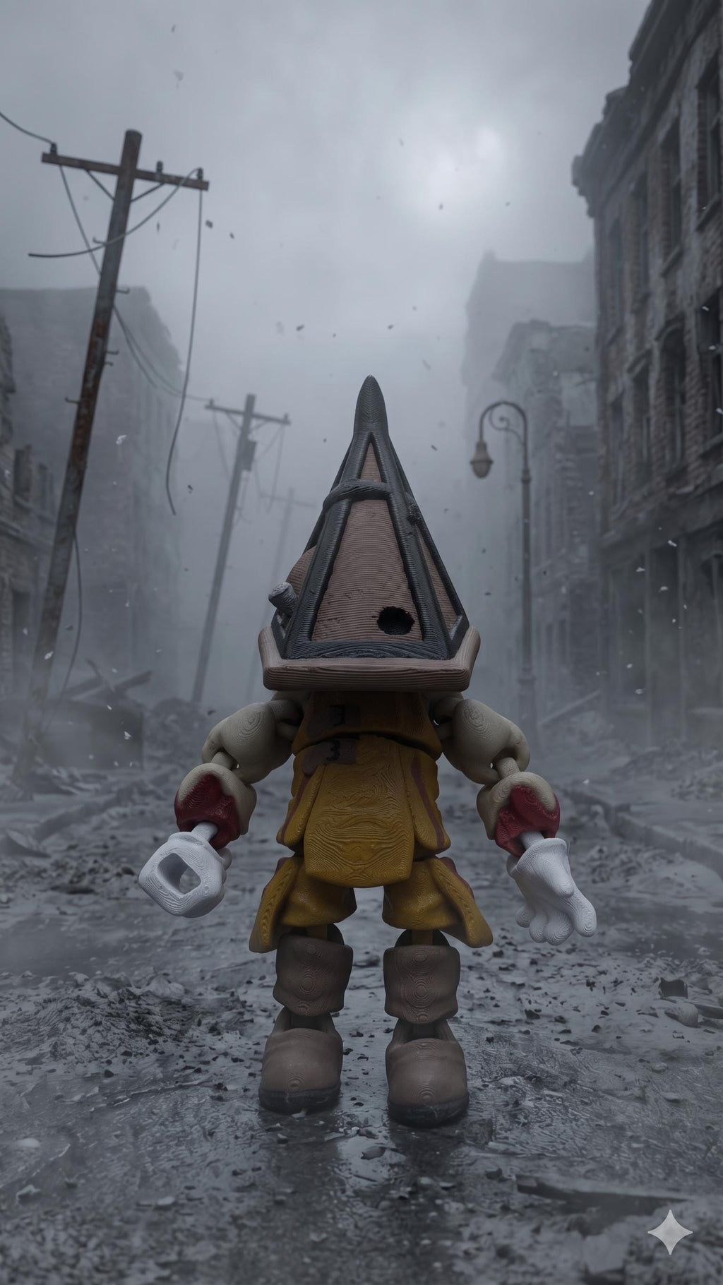 Full-color 3D printed Pyramid Head flexi figure from Silent Hill standing upright in a cinematic foggy town diorama background