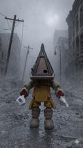 Full-color 3D printed Pyramid Head flexi figure from Silent Hill standing upright in a cinematic foggy town diorama background