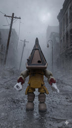 Full-color 3D printed Pyramid Head flexi figure from Silent Hill standing upright in a cinematic foggy town diorama background