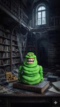 Full-color 3D printed slimy ghost flexi figure sitting on a vintage book in a dark, atmospheric library setting
