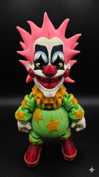 Straight front view focusing on the vibrant neon pink spiky hair and detailed face of the flexible Spikey clown figure