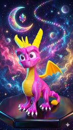 Full-color 3D printed Spyro the Dragon display figure standing heroically against a magical, celestial-themed space background