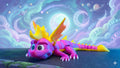 Full-color 3D printed Spyro flexi figure standing upright against a magical, celestial-themed background