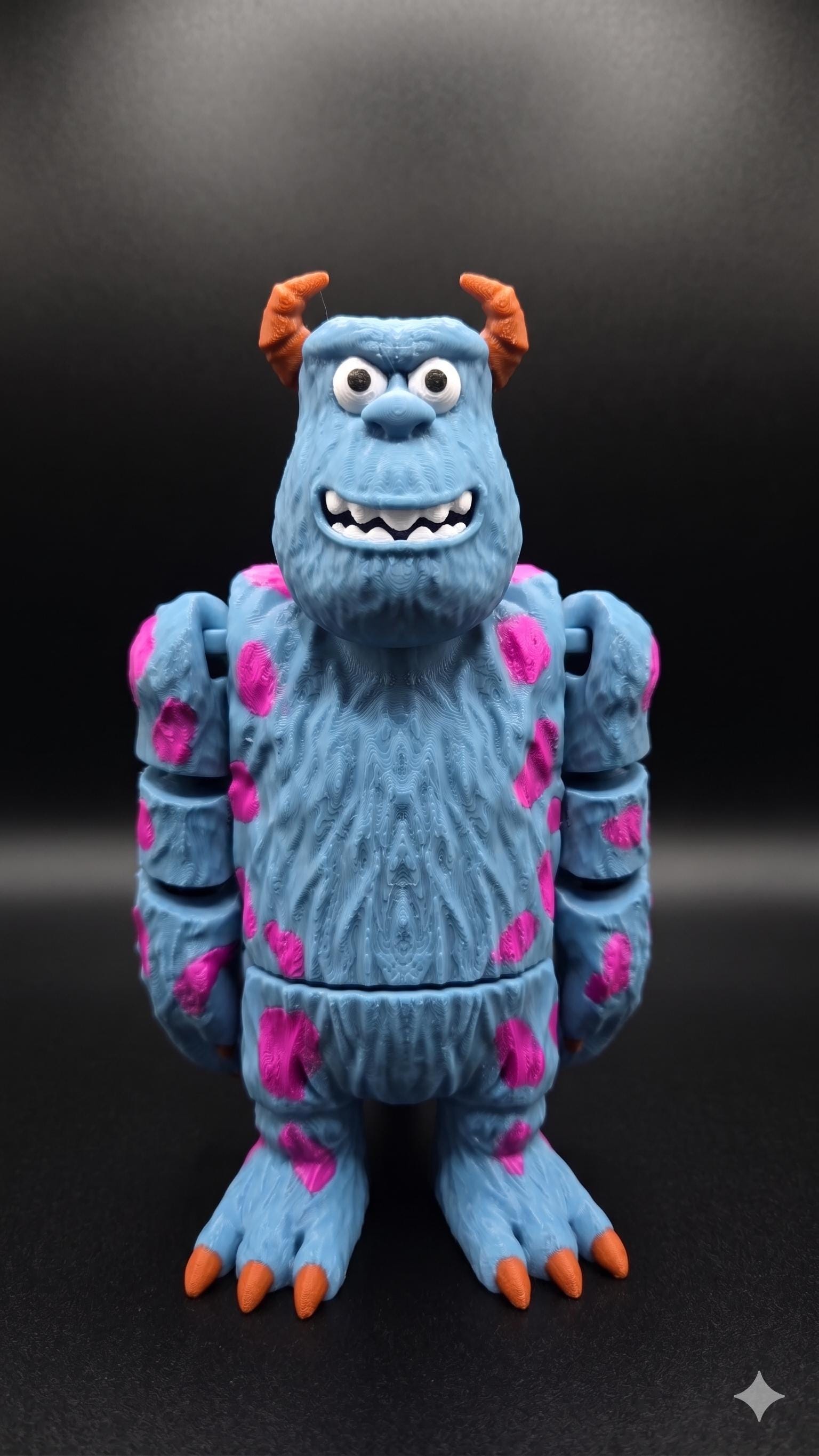 Full-color 3D printed Sully flexi figure standing upright against a dark, professional backdrop
