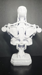Rear view of the 3D printed T-800 Endoskeleton bust showing the mechanical vertebrae and hydraulic cable details on the back of the skull