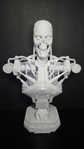 Large 3D printed grey T-800 Endoskeleton bust on a matching display stand
