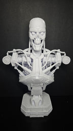 Large 3D printed grey T-800 Endoskeleton bust on a matching display stand
