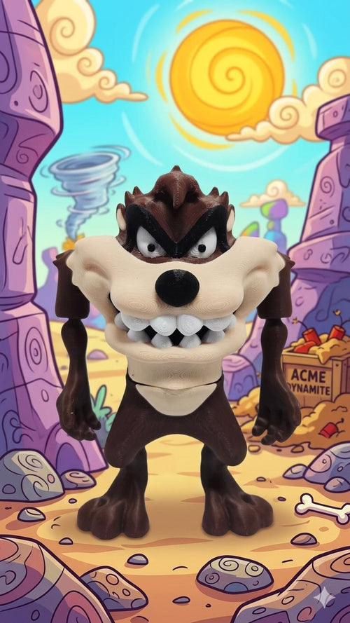 Full-color 3D printed Taz flexi figure standing upright on a flat surface showing a complete front view