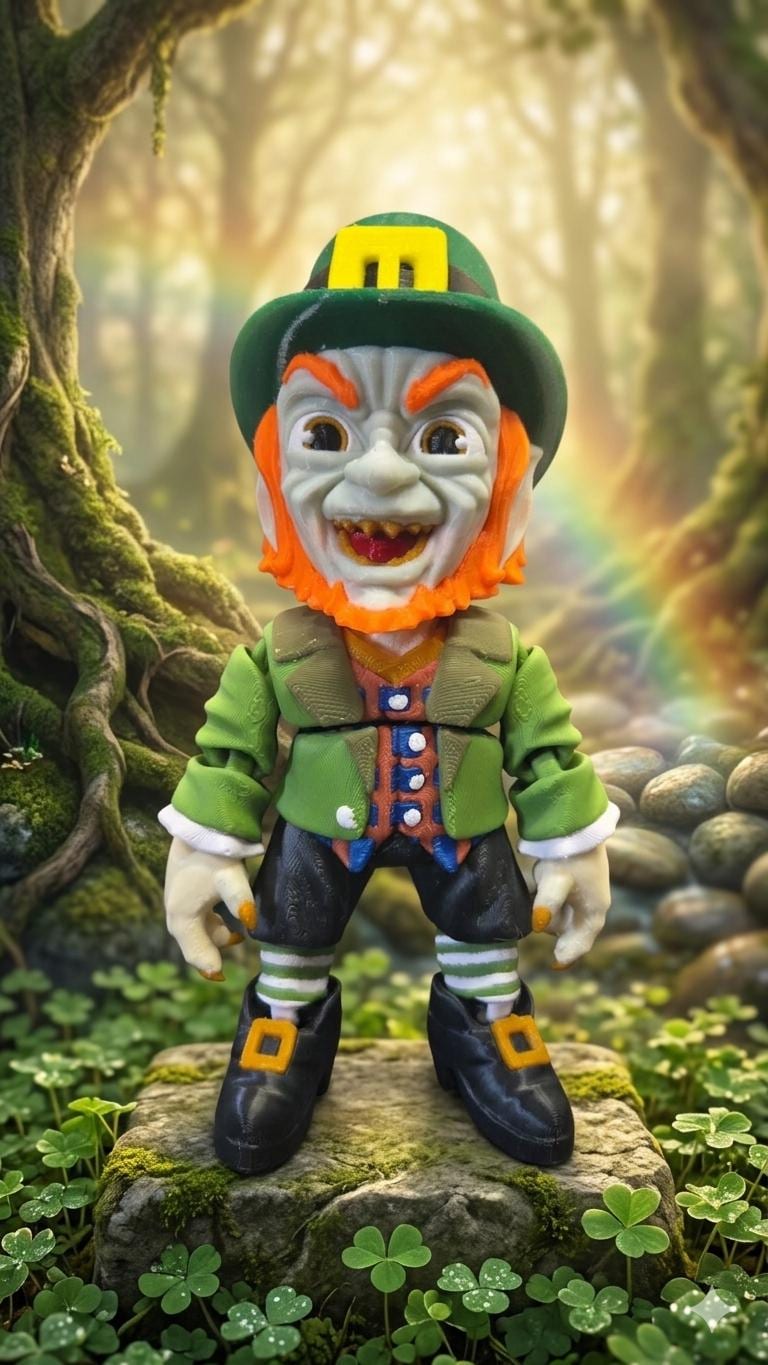 Full-color 3D printed Leprechaun horror flexi figure standing upright on a flat surface as the main product view