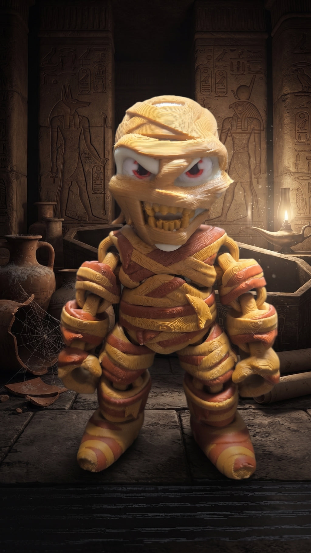The Mummy flexi figure standing inside an atmospheric ancient tomb and dungeon background
