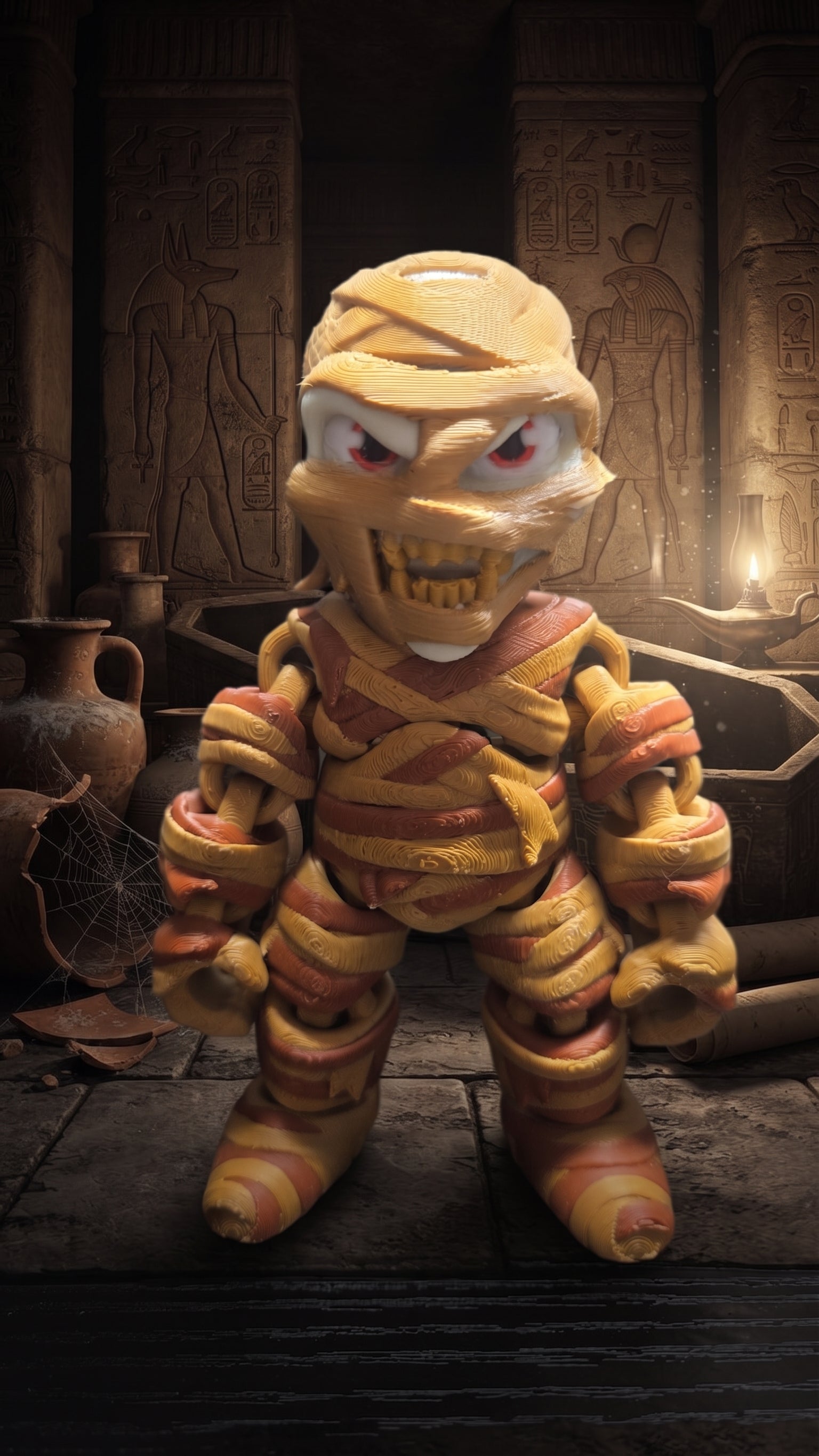 The Mummy flexi figure standing inside an atmospheric ancient tomb and dungeon background