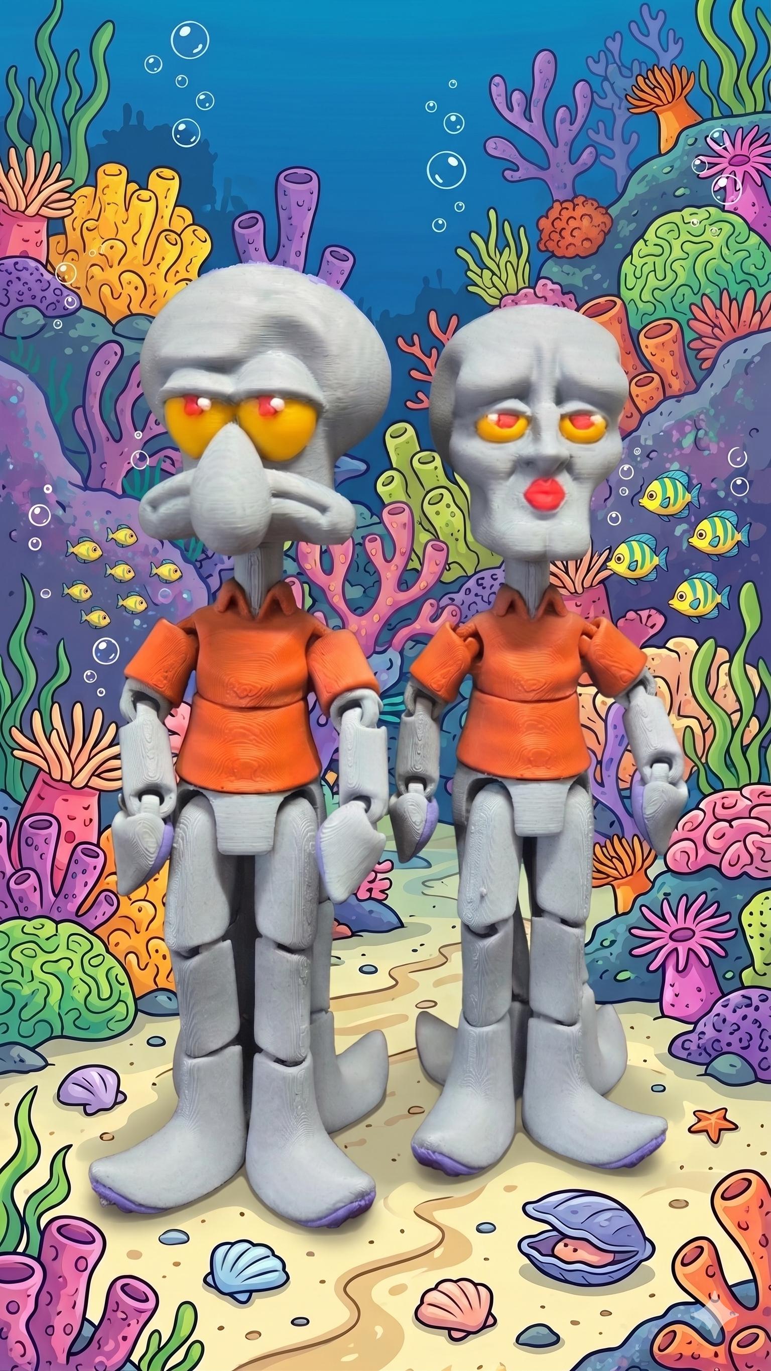 Full-color 3D printed cartoon neighbor flexi figure standing in a vibrant underwater-themed diorama background