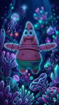 Full-color 3D printed star flexi figure floating against a vibrant underwater coral reef-themed background