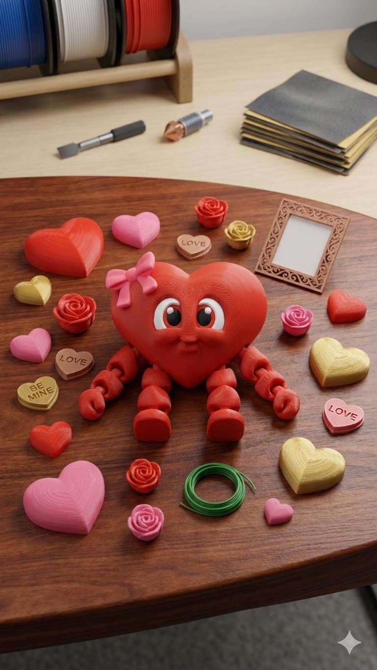 3D printed red Valentine heart figure with a pastel pink bow laying on a valentines themed table
